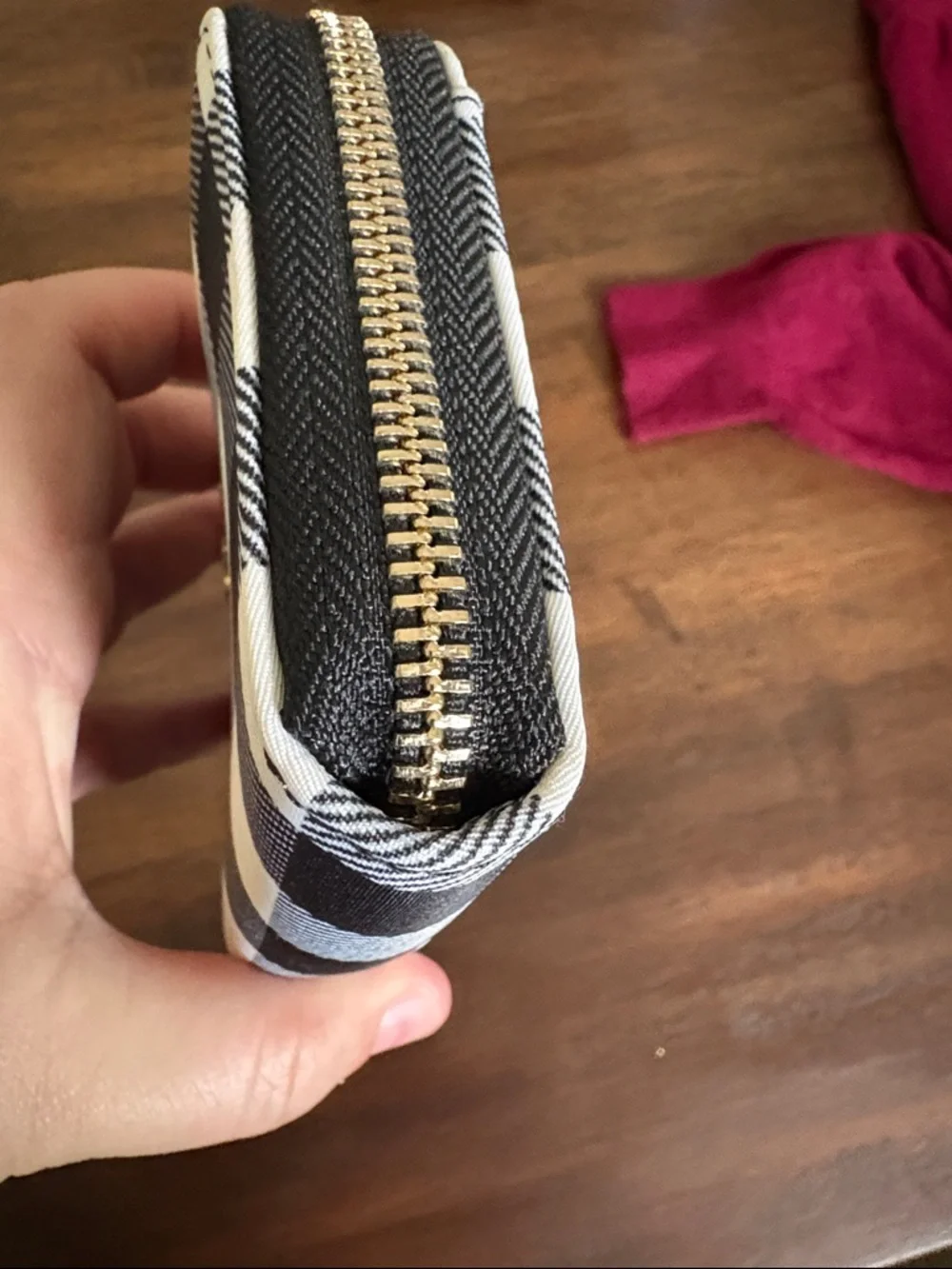 kate spade Black and White Buffalo Check Zip Wallet